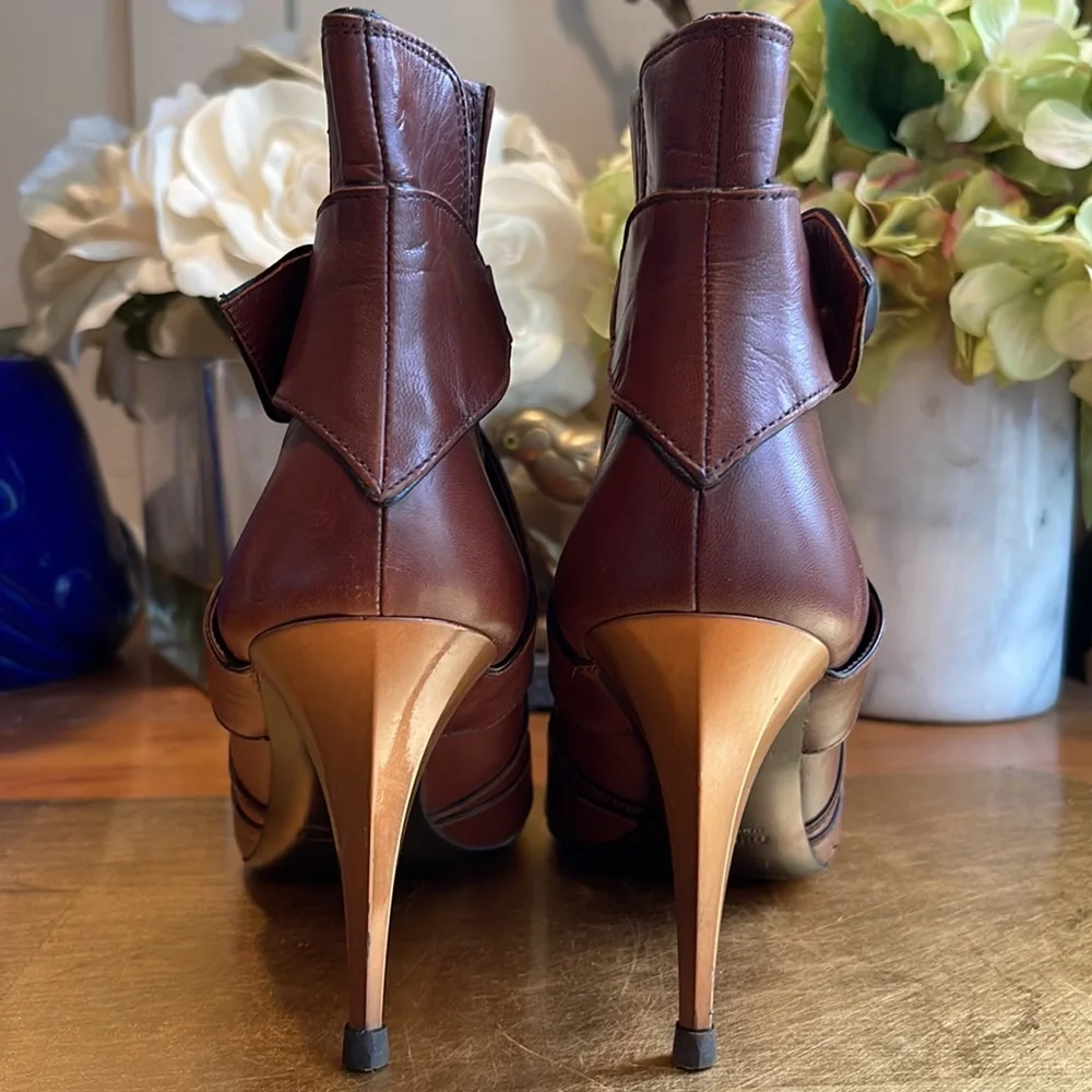 Miu Miu Capretto Stitch Cotto Leather Booties in Brown Leather and Copper